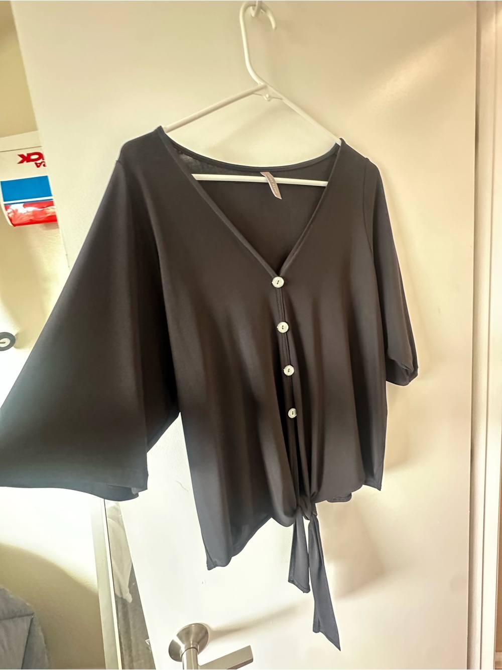 Last Tango Black V-Neck Button Tie-Front Blouse